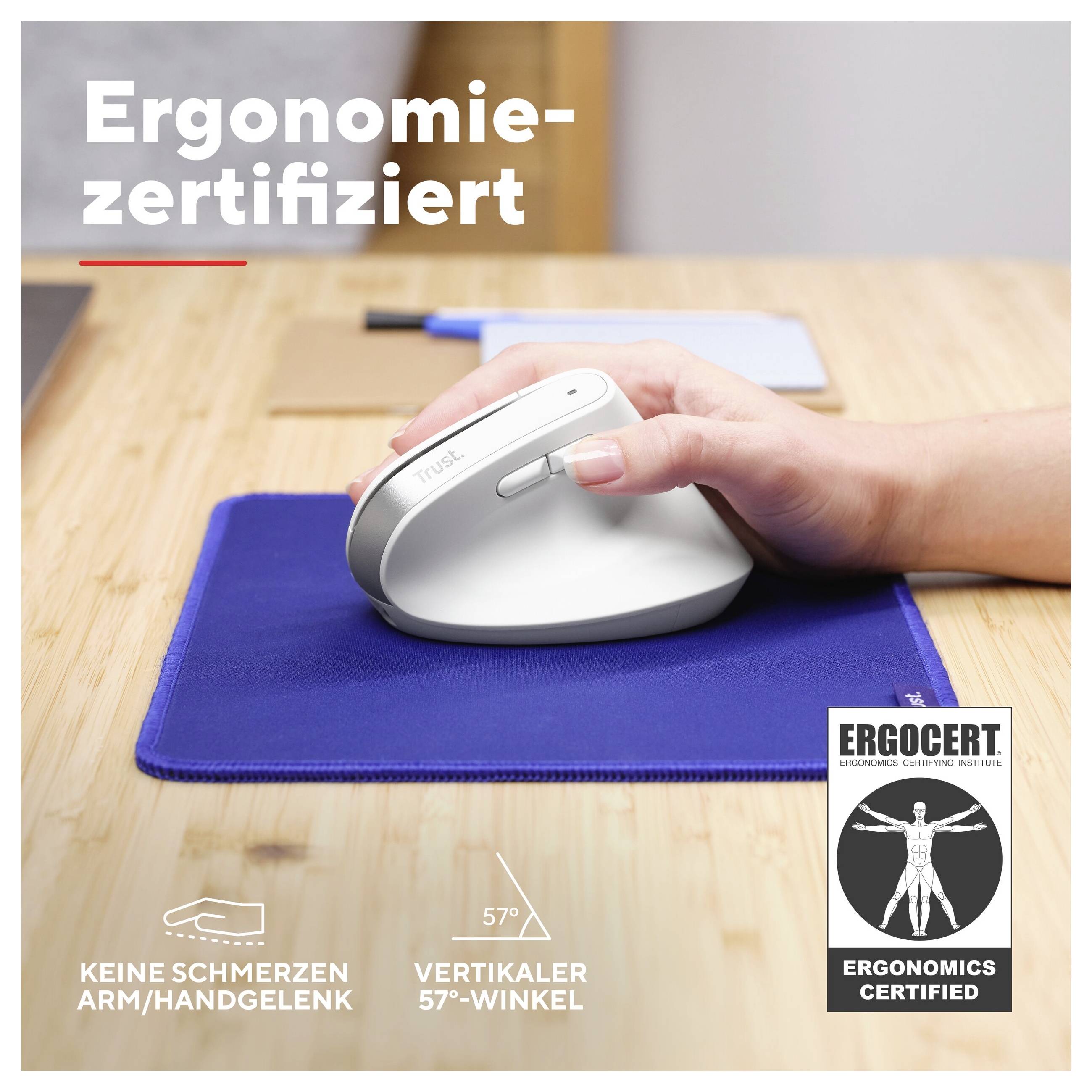 Ruka osoby drží ergonomicky certifikovanou vertikální myš na podložce pod myš. Text: 'Žádné bolesti paže/zápěstí.'