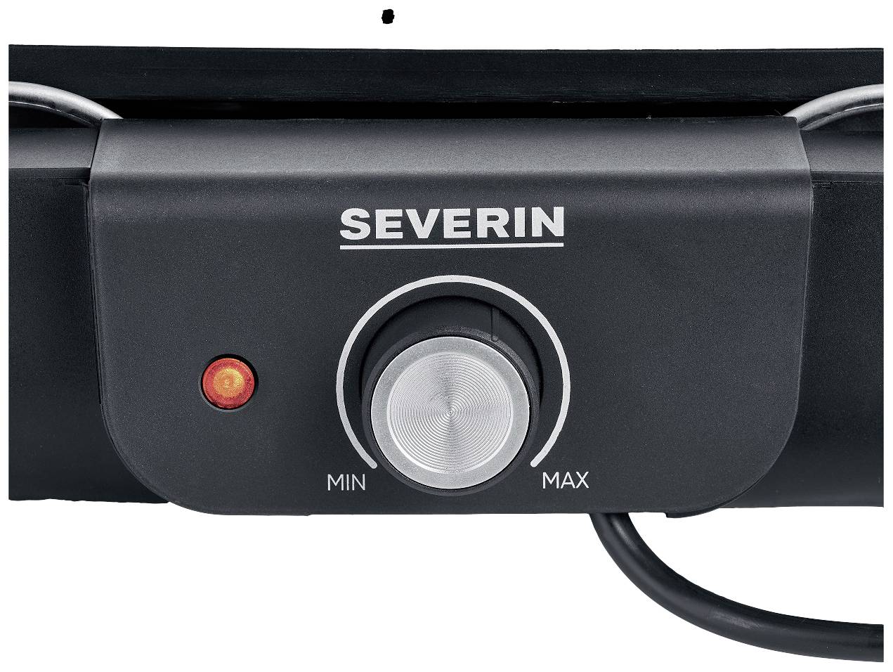 Elektrický gril Severin s červenou kontrolkou a regulačním knoflíkem od 'Min' po 'Max'.