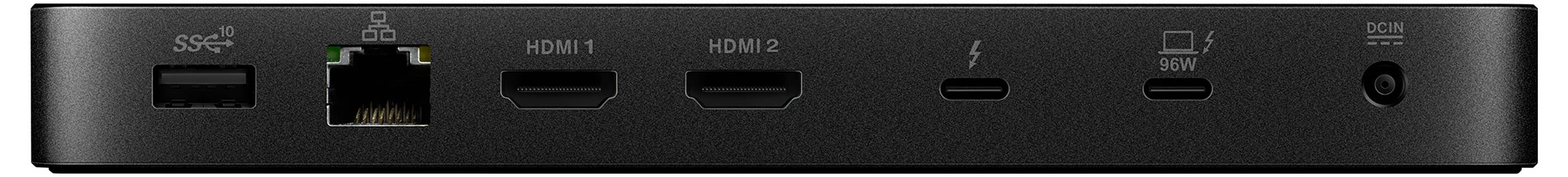 Černený dock s několika porty: USB-C, Ethernet, dva HDMI porty, dva další porty s bleskem a symbolem notebooku.