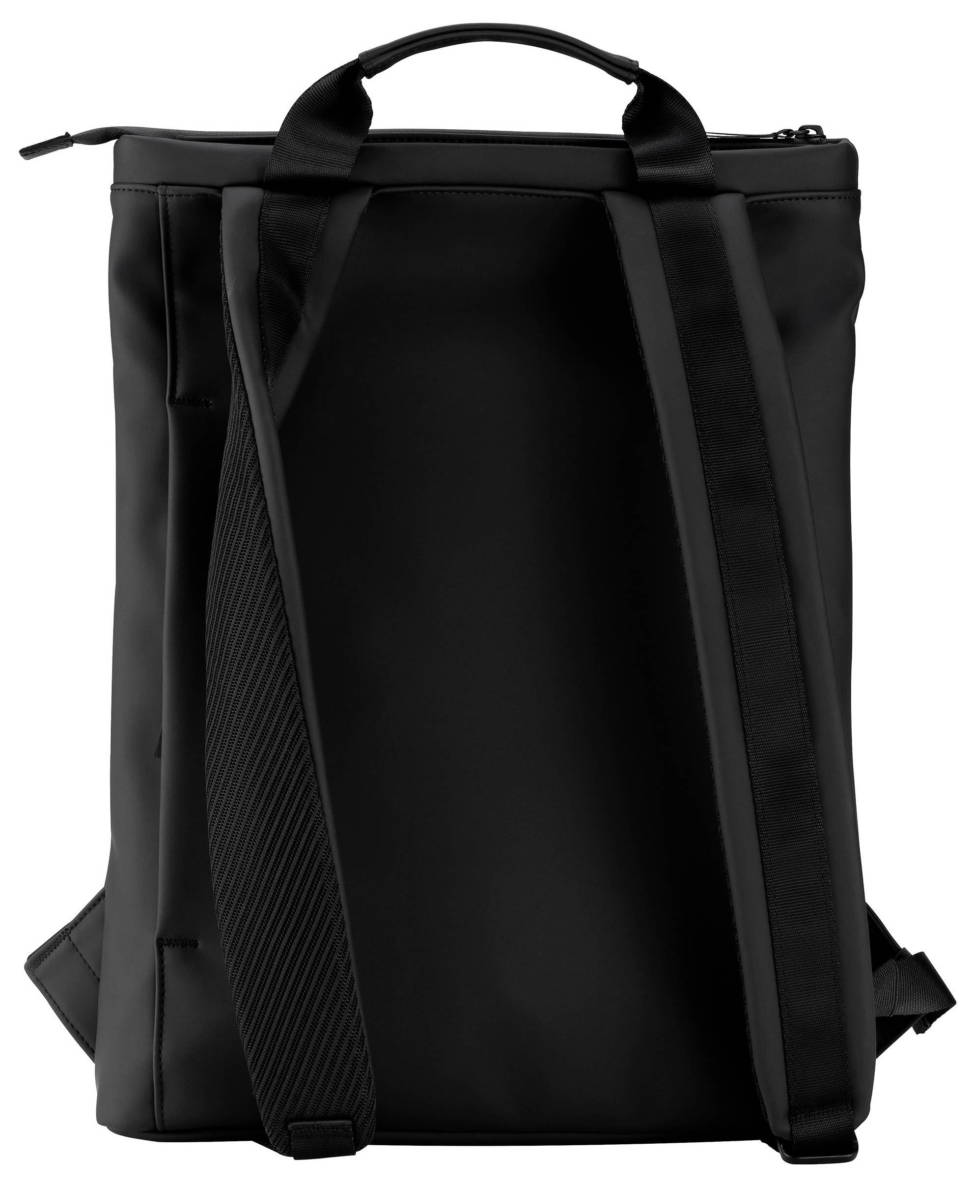 Černý batoh zezadu, se dvěma nastavitelnými ramenními popruhy a horní rukojetí.
