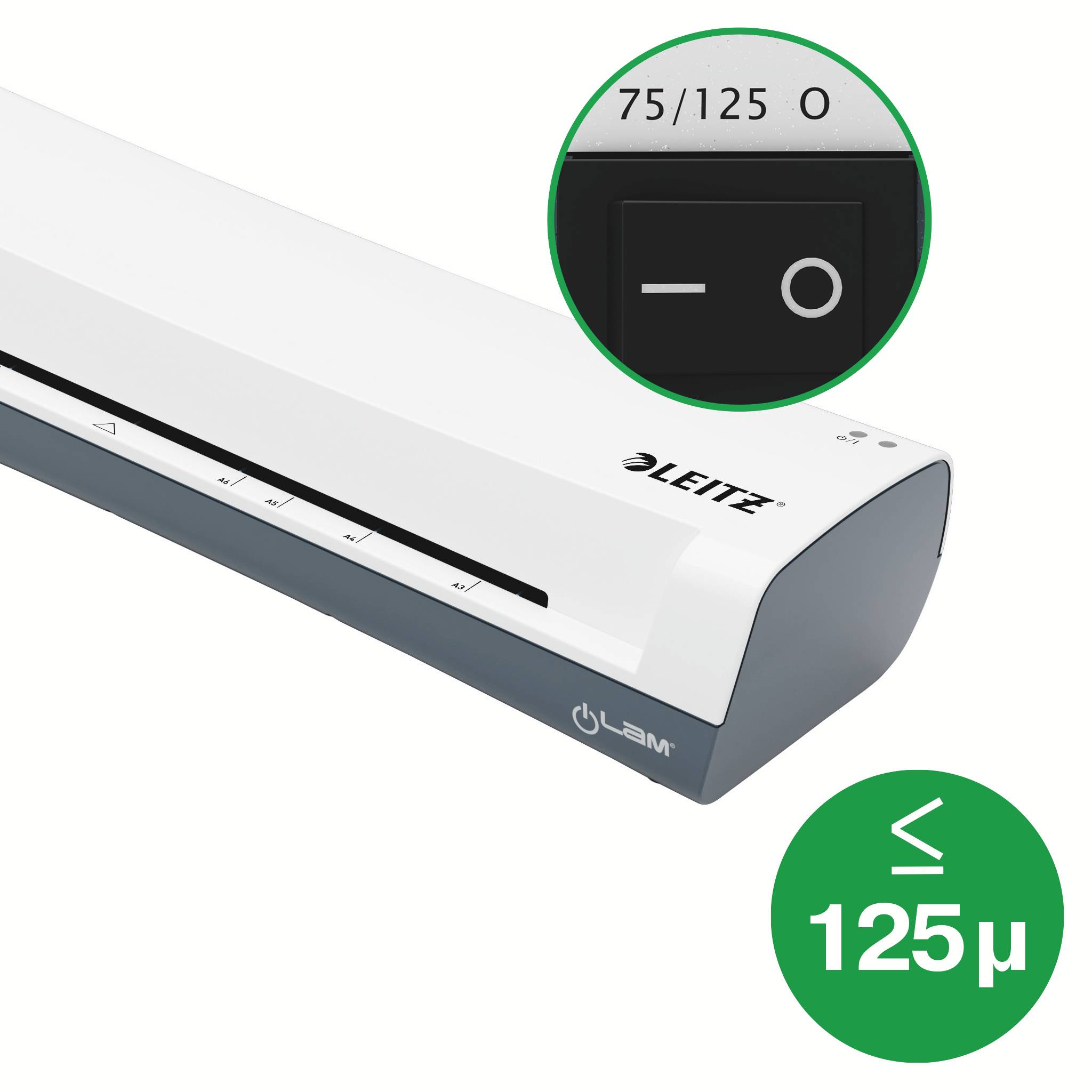 Bílý laminátor značky 'Leitz' s přepínačem nastavení '75/125'. Zelený symbol zobrazuje '≤ 125μ'.