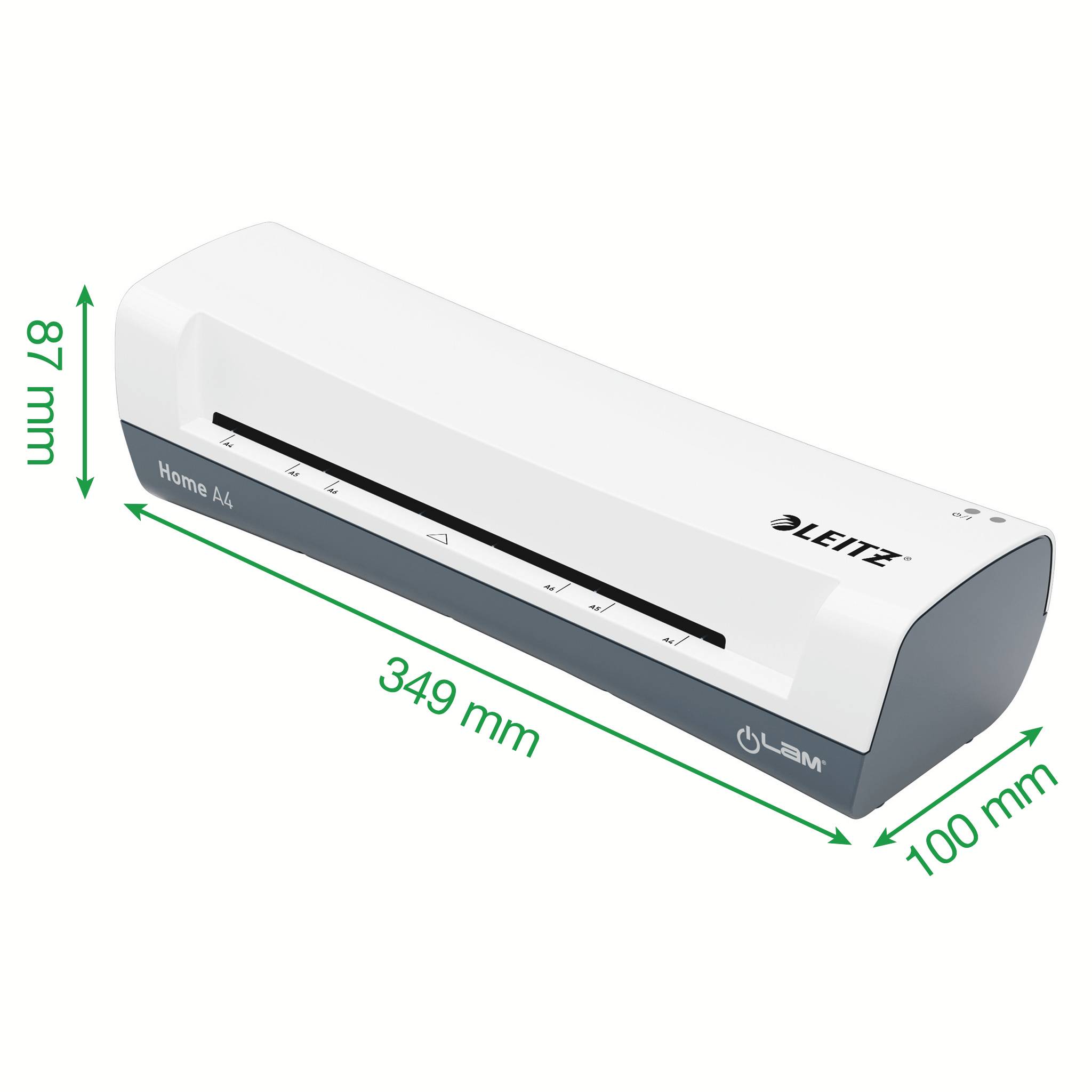 Elektronický laminátor s rozměry 349 mm x 100 mm x 87 mm, vhodný pro dokumenty formátu A4, značka viditelná na horní straně.
