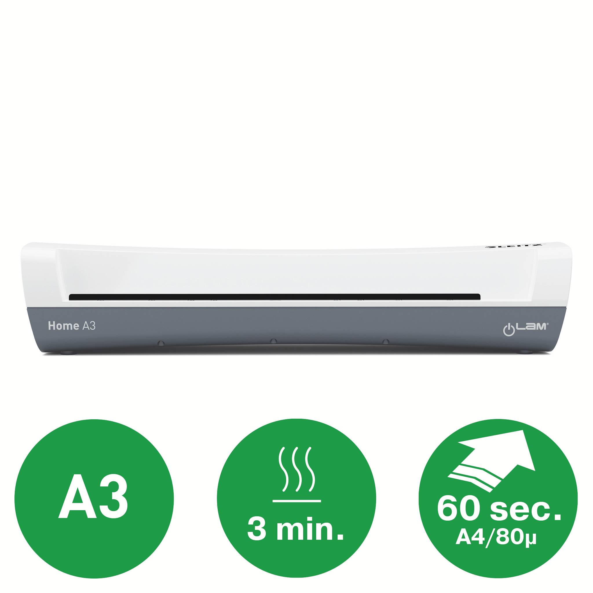 Laminátor "Home A3", bílý a šedý. Zelené zvýrazněné symboly dole: "A3", "3 min.", "60 sek. A4/80μ".