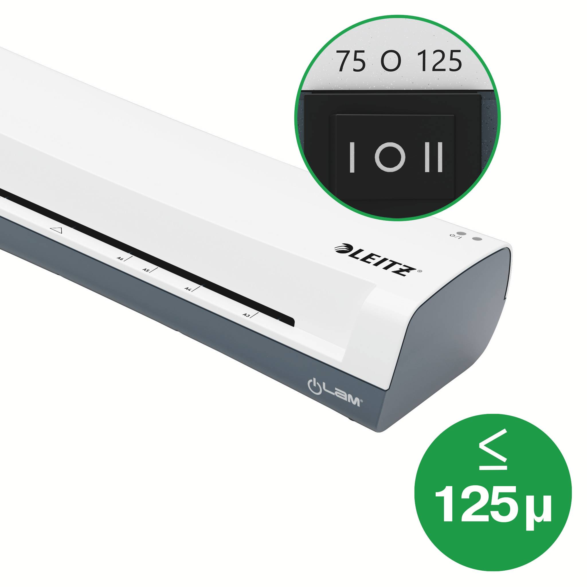 Laminovací přístroj Leitz s ovládacími prvky pro 75 µm a 125 µm.