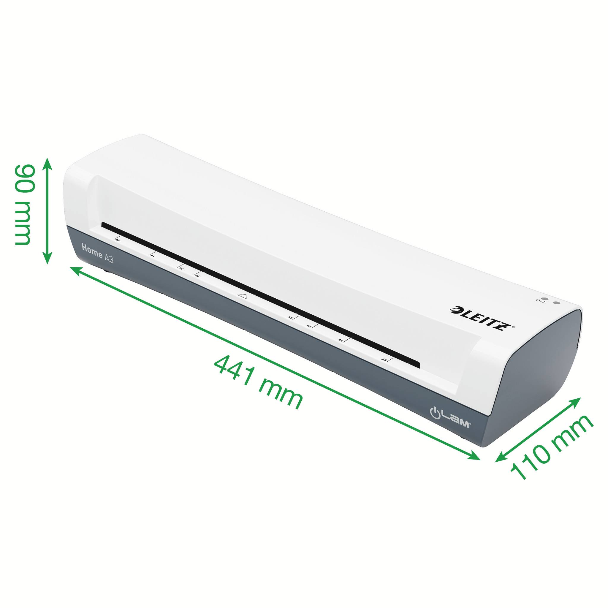 Kompaktní, bílý laminátor Leitz pro formát A3 s zelenými rozměry: 441 mm dlouhý, 90 mm vysoký, 110 mm široký.