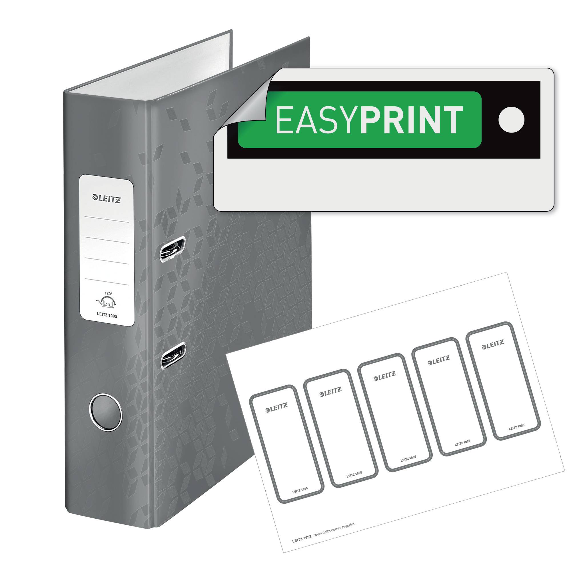 Šedý pořadač značky LEITZ s nápisem a etiketami s logem 'EASYPRINT'. V popředí list s pěti etiketami.