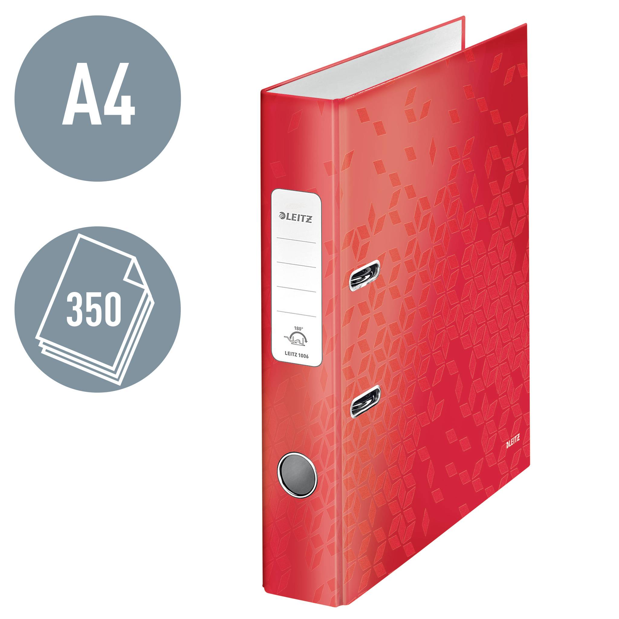 Červený pořadač Leitz A4 pro 350 listů s klipovou sponou, geometrickým vzorem a štítkem na boku pro popis.