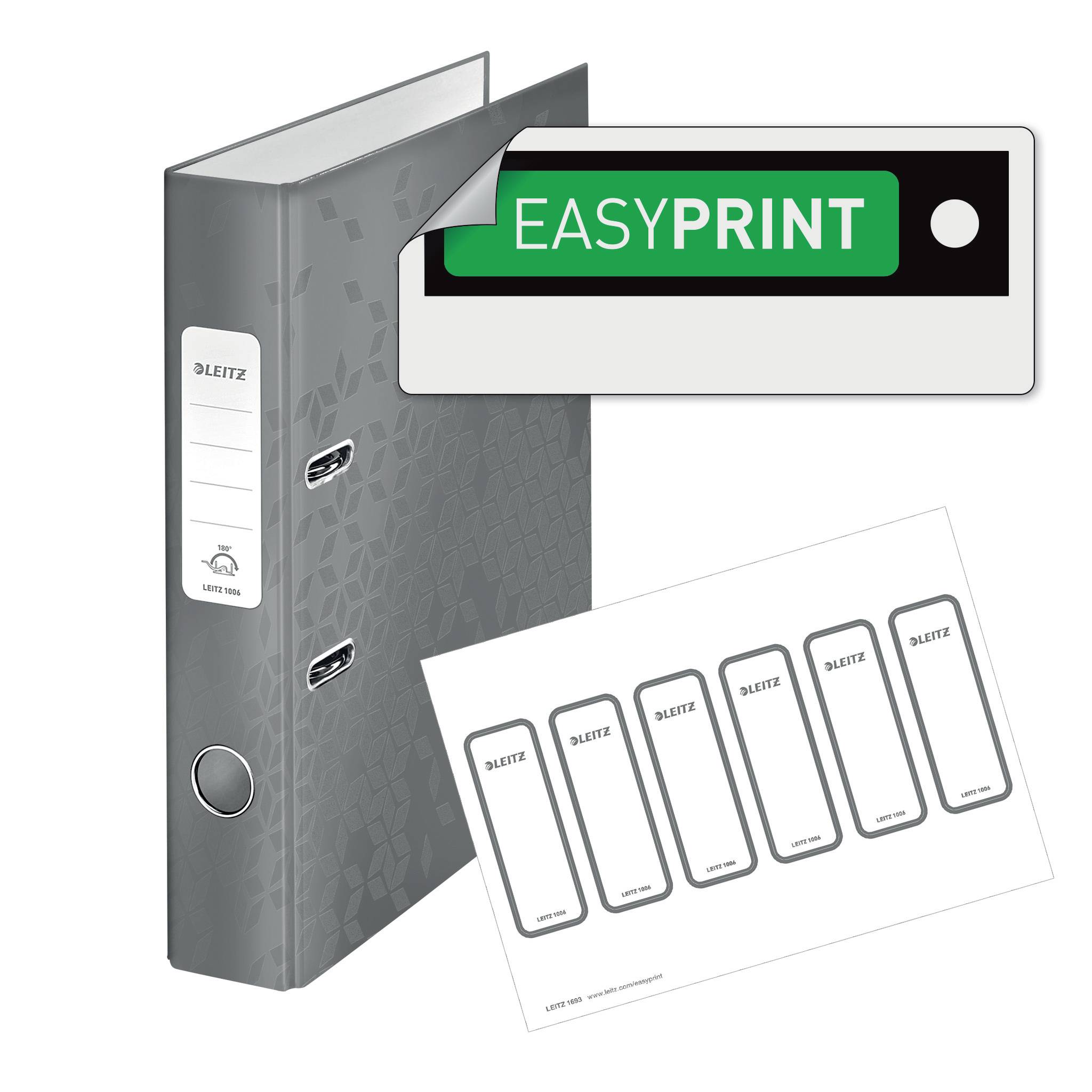 Složka s nálepkou 'EasyPrint', ozdobným vzorem a příslušenstvím pro personalizaci popisných štítků.