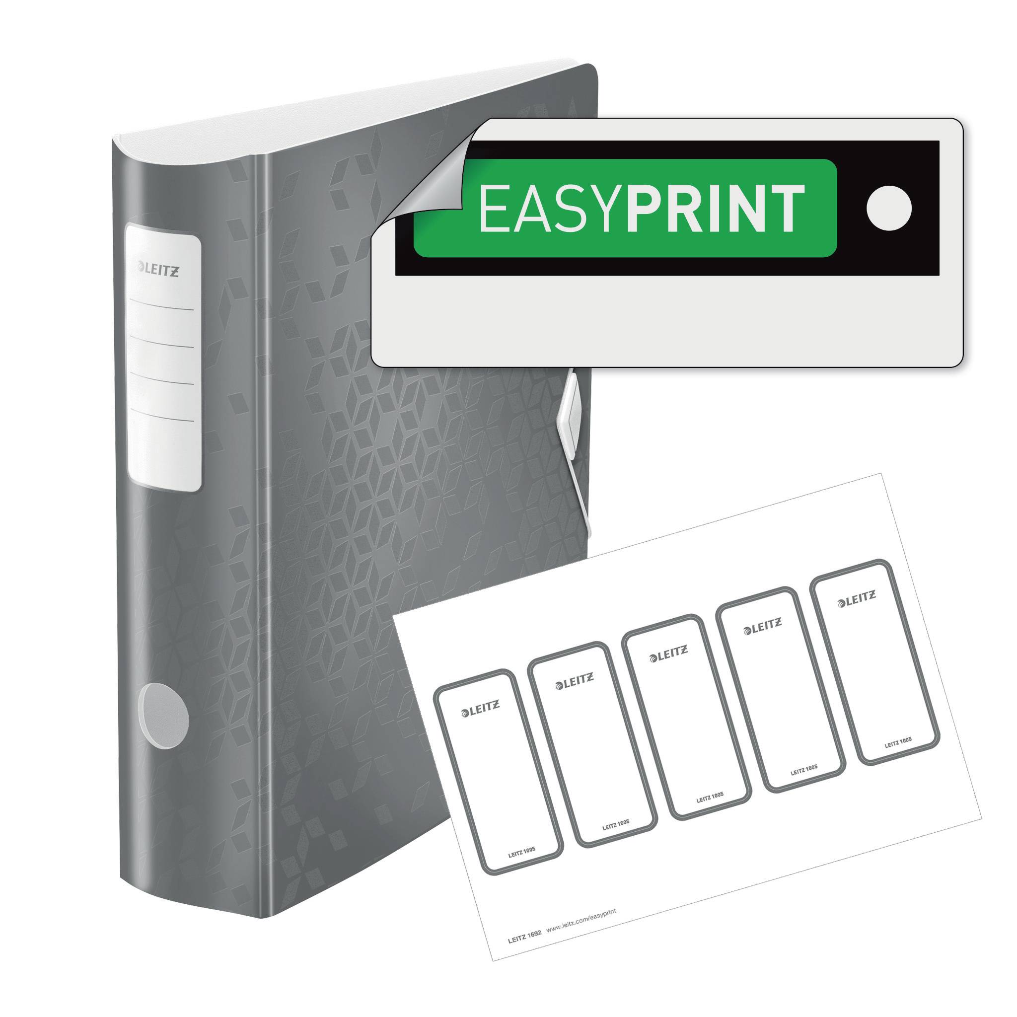 Šedý pořadač Leitz má štítek s nápisem 'EASYPRINT'. Vedle jsou zobrazeny příklady štítků.