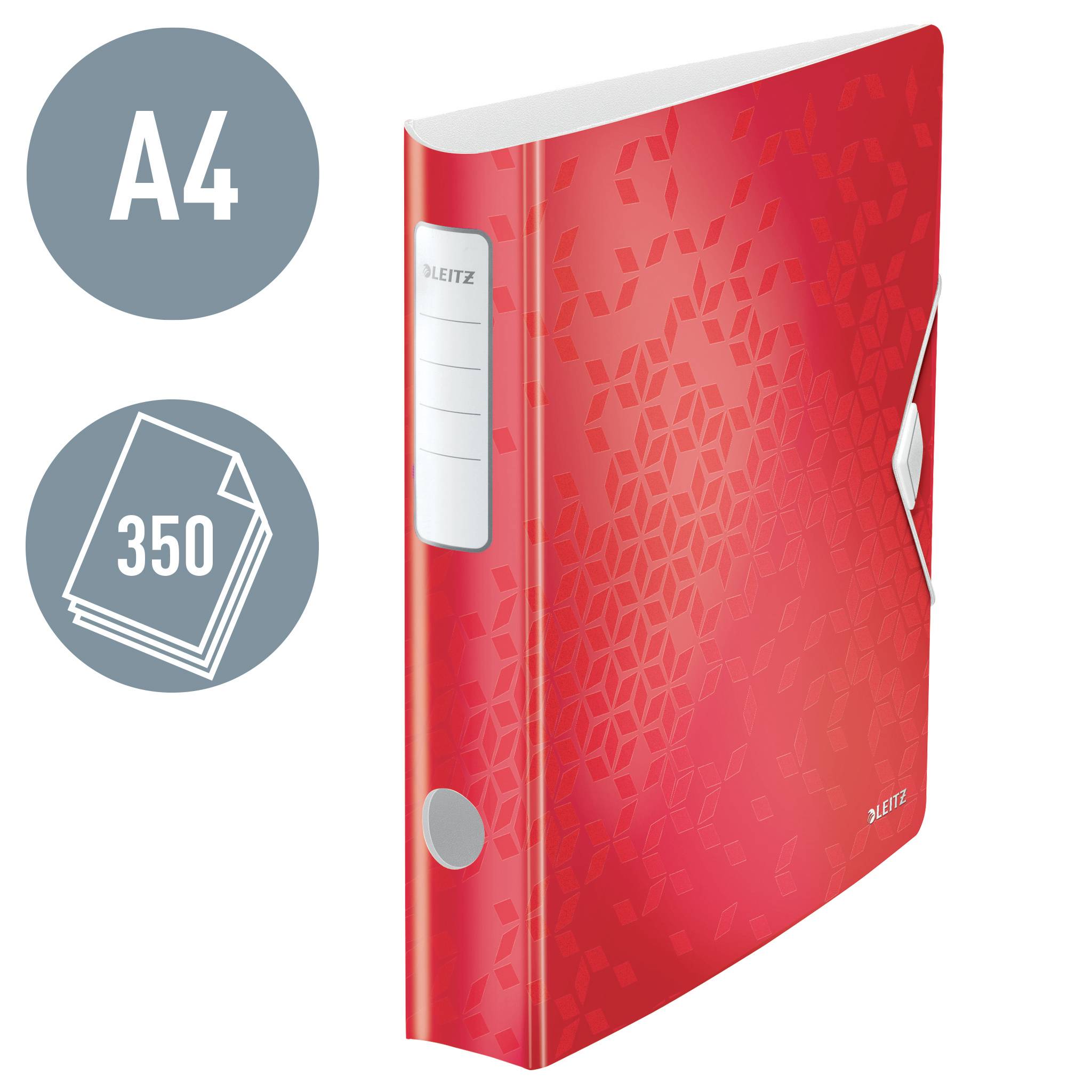 Červený pákový šanon Leitz pro papíry formátu A4, vhodný pro 350 listů, s geometrickým vzorem a uzavírací klopou.