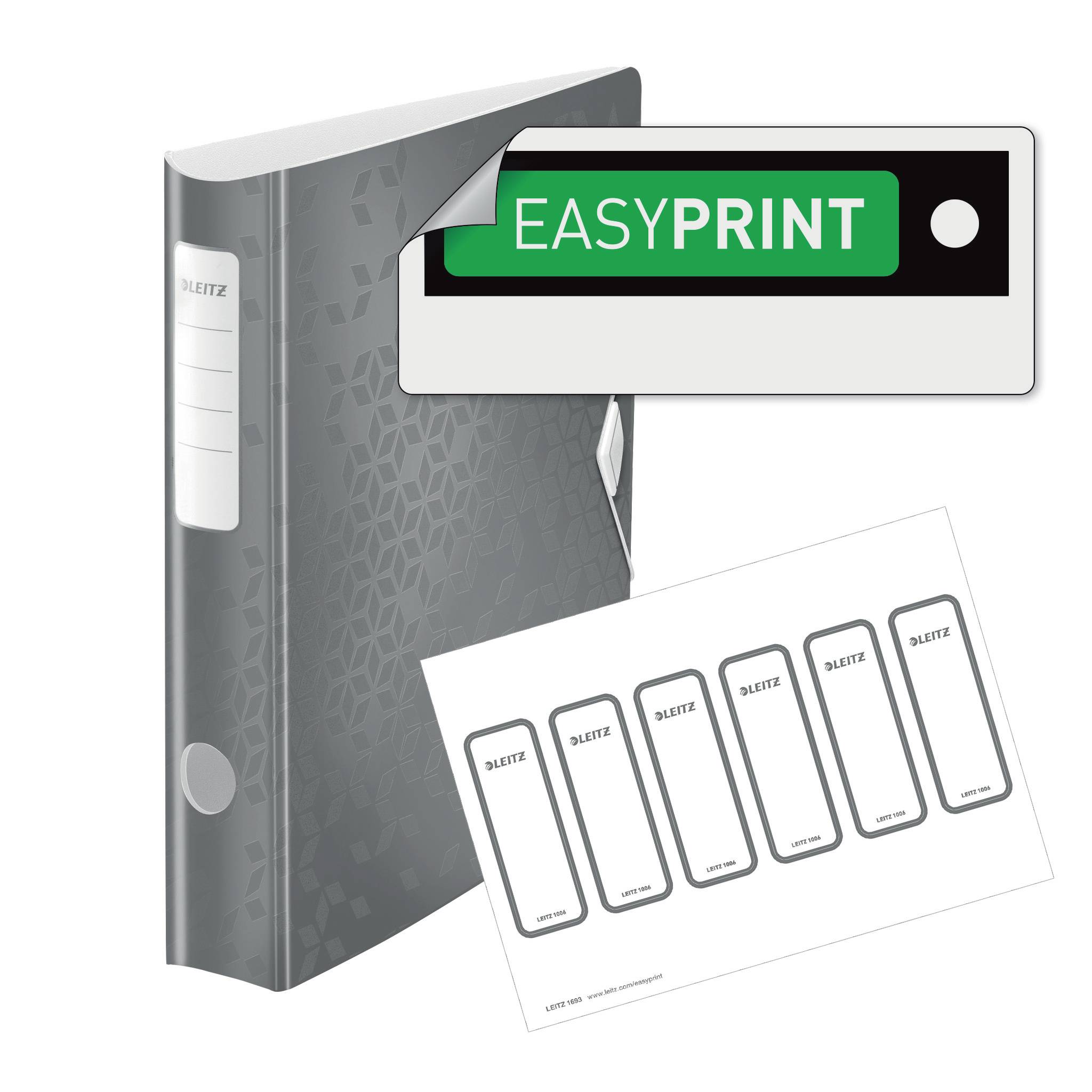 Pořadač se šedým vzorem a nápisem 'Leitz'. Vpravo od něj logo 'EasyPrint' a šablona štítku.