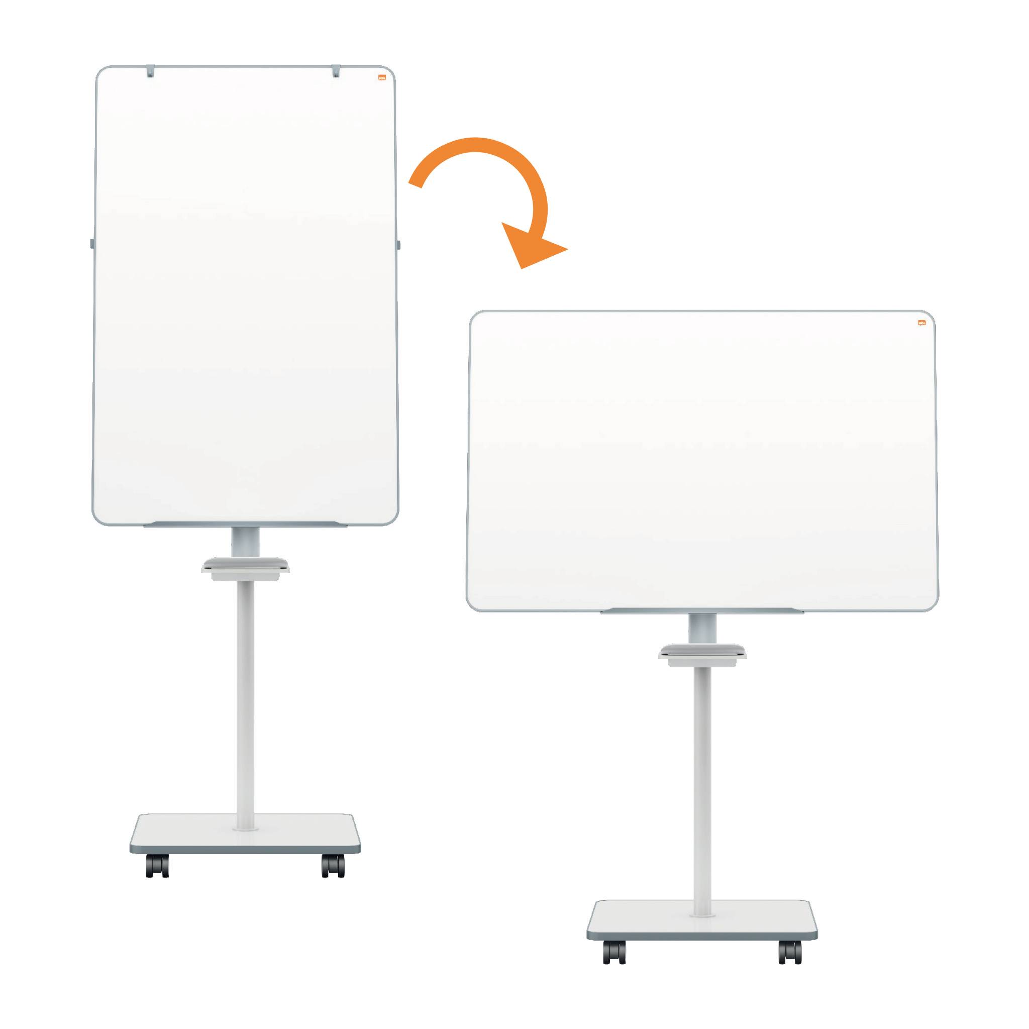Vertikální whiteboard je znázorněn šipkou jako otočný do horizontální polohy, přičemž oba jsou umístěny na pojízdném stojanu.