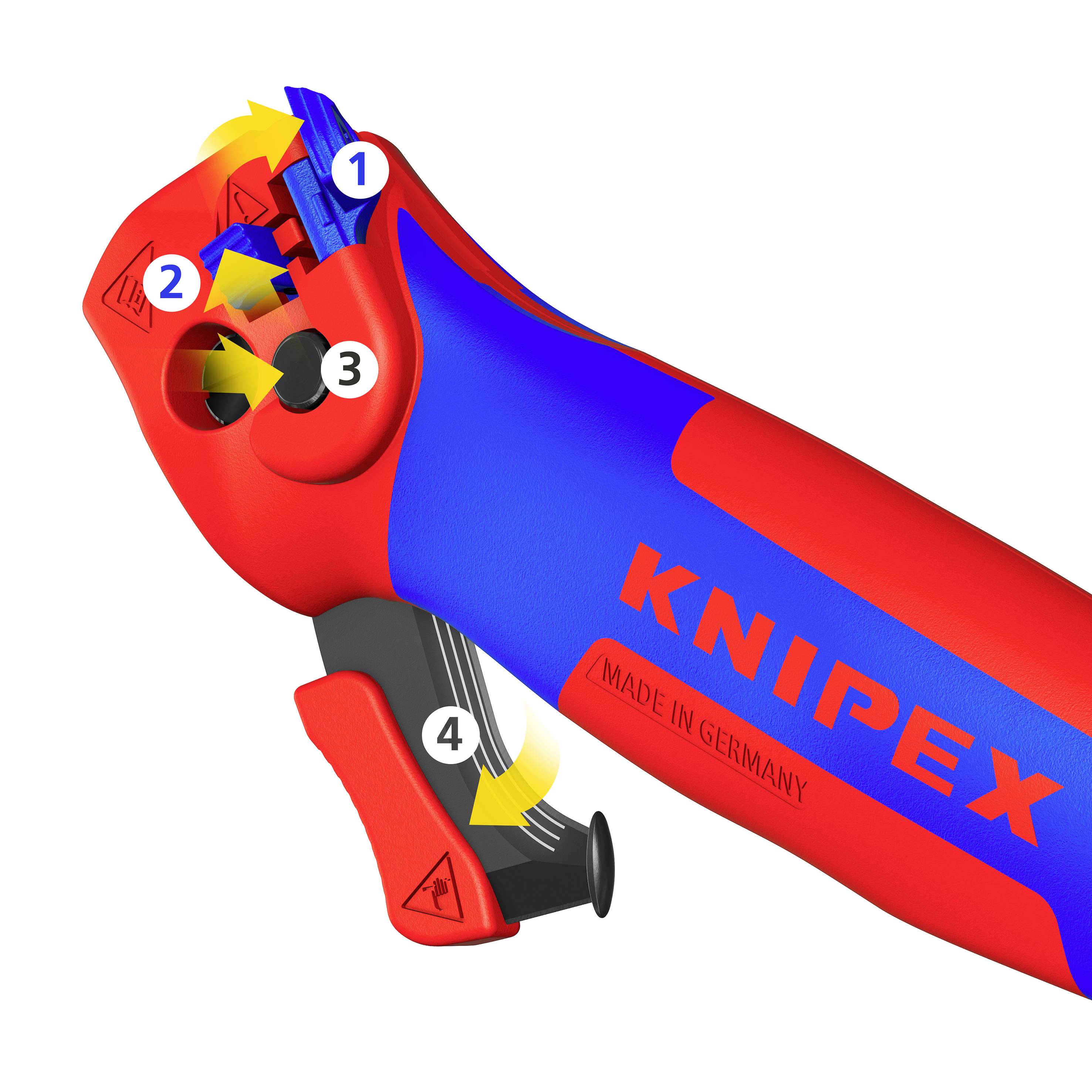 Odizolovací kleště v červeno-modré barvě s nápisem 'KNIPEX' a 'MADE IN GERMANY'. Očíslované šipky ukazují různé funkce nástroje.
