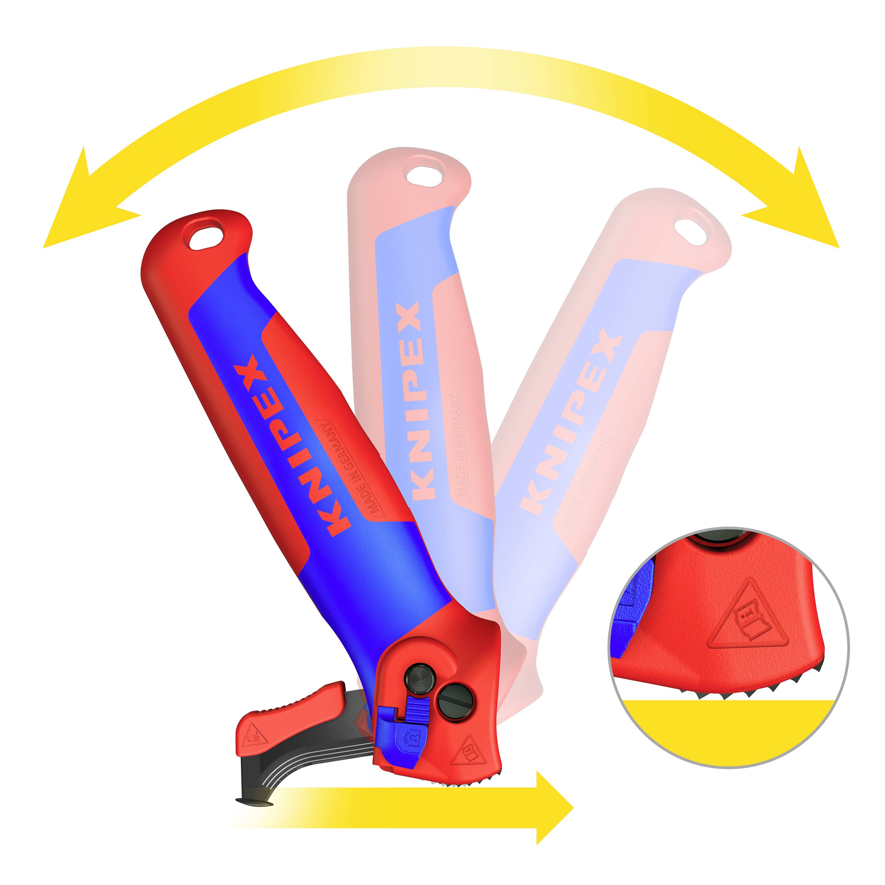 Nůž Knipex pro odstraňování izolace s otočným ostřím, dva úchopy ukazují pohyblivost; zvětšení bezpečnostního symbolu.