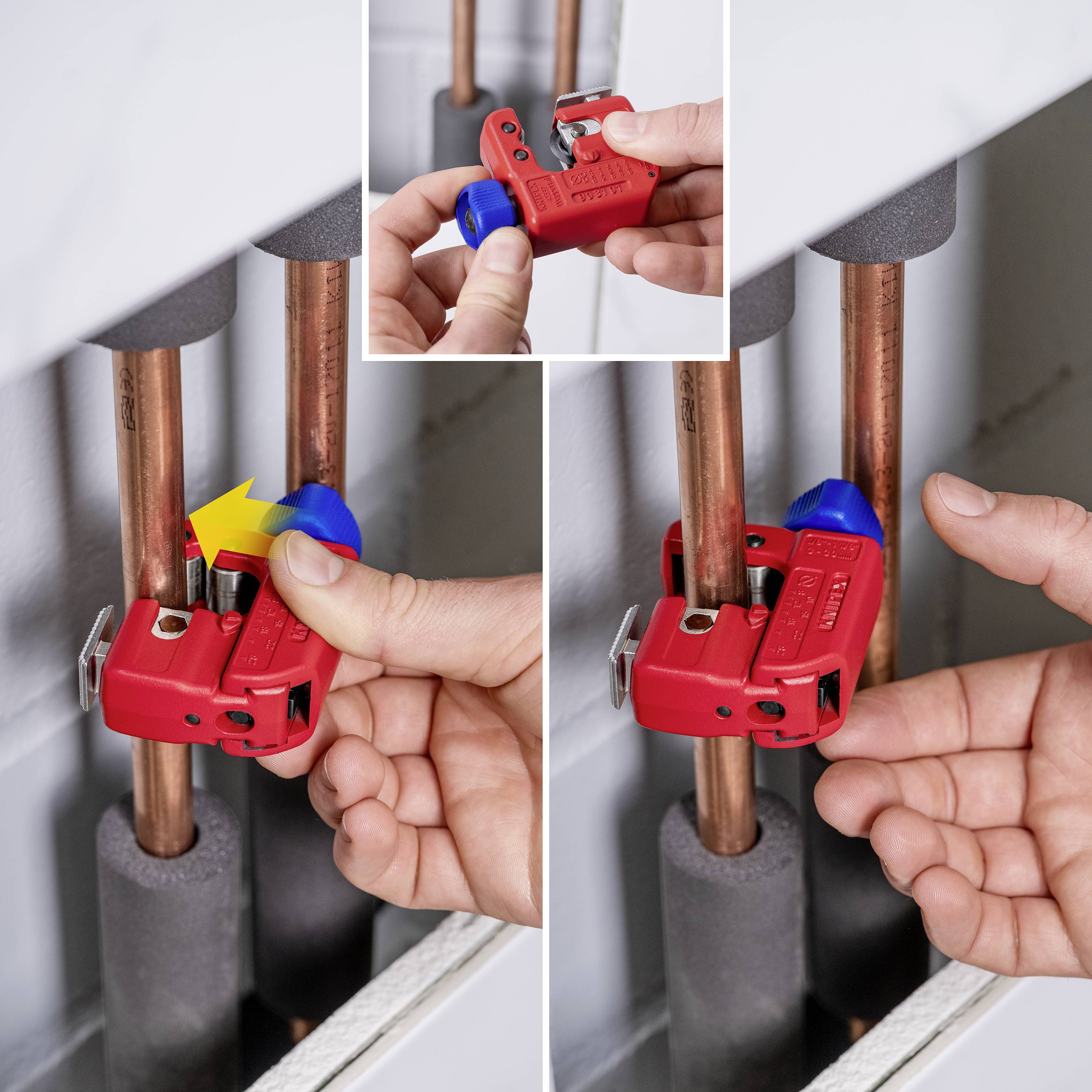 Série obrázků ukazuje instalaci červeného uzávěru na měděných trubkách, krok za krokem vysvětlená pomocí šipek.