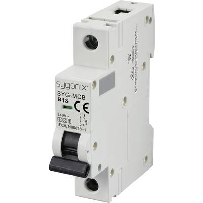 Jistič značky Sygonix, model SYG-MCB B13, s certifikací CE. Napětí: 240V, proud: 13A, certifikace: IEC/EN60898-1.