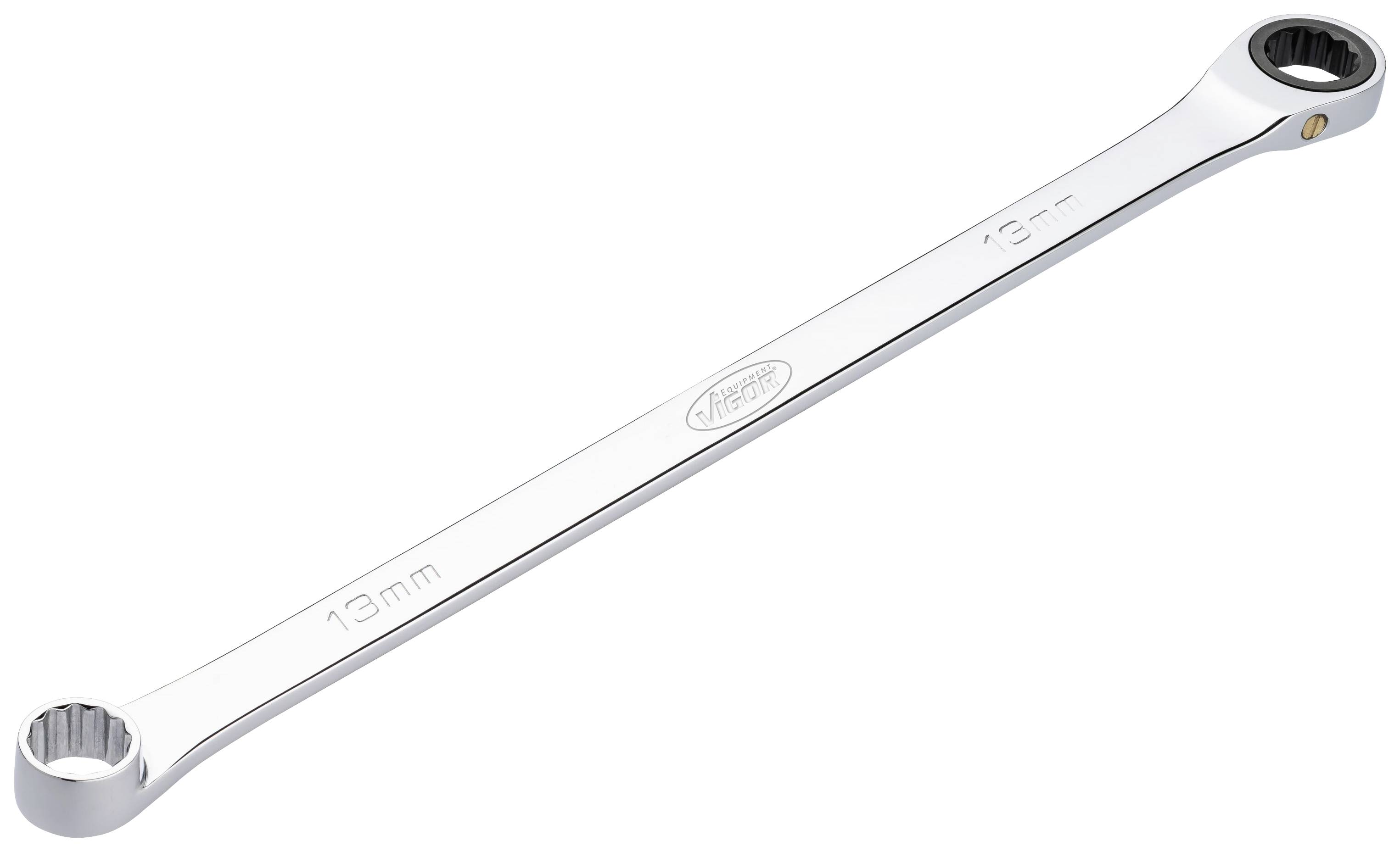 Stříbrný očkový klíč se dvěma konci o různých velikostech 13 mm a 19 mm na bílém pozadí.