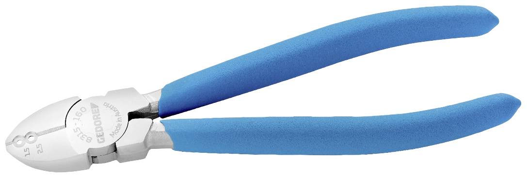 Štípací kleště na dráty s modrými rukojeťmi na bílém pozadí.