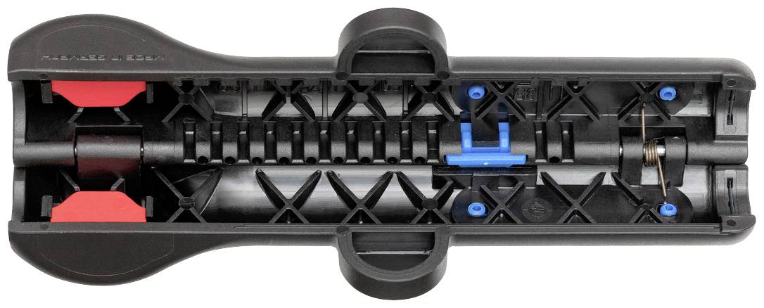 Černý plastový kryt s červenými a modrými značkami odhaluje vnitřní mechanismus nástroje.
