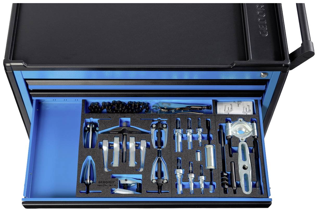 Otevřená zásuvka nářaďáku s různými přesnými ručními nástroji a příslušenstvím, uspořádanými na pěnových vložkách.