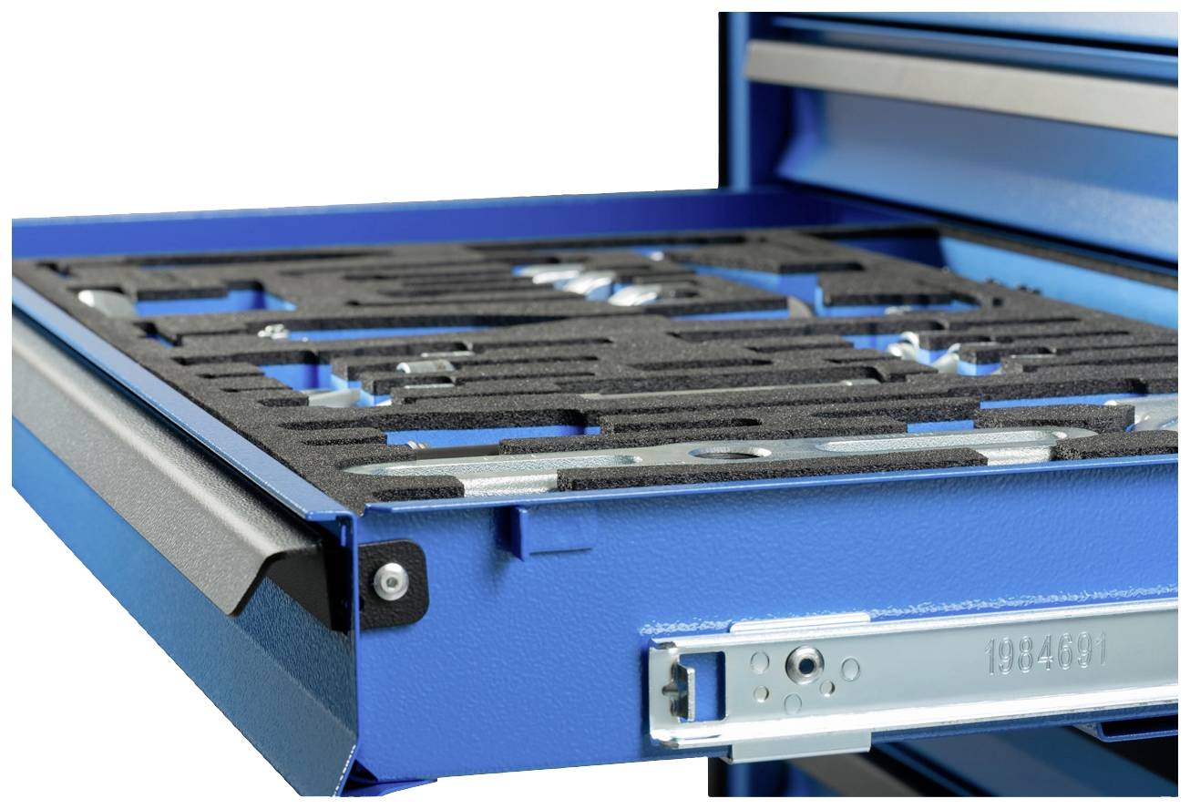 Otevřená modrá zásuvka s vložkou z pěnové hmoty, která obsahuje speciálně vyřezané prostory pro uložení nástrojů.