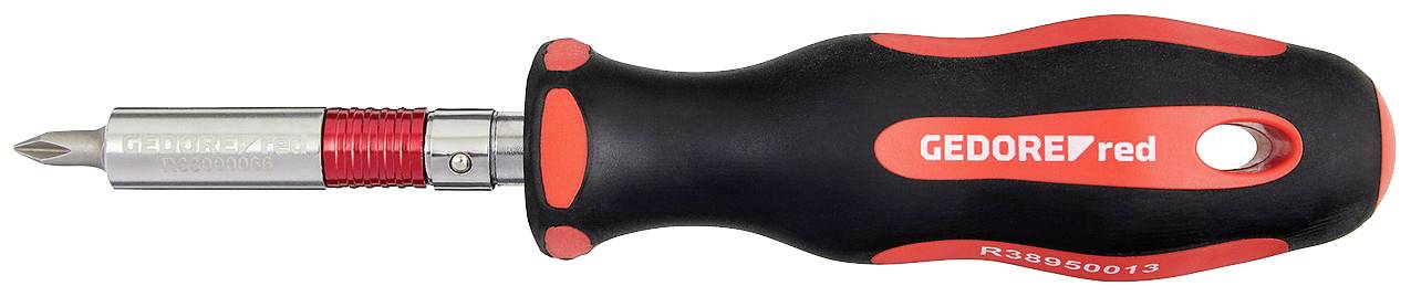 Šroubovák s ergonomickou rukojetí, černý a červený design. Označený štítkem 'GEDORE red'.