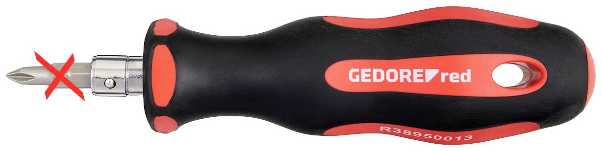 Černá rukojeť šroubováku s červenými akcenty, na které je vytištěna značka 'GEDORE red'. Vlevo červené X; bez bitů.