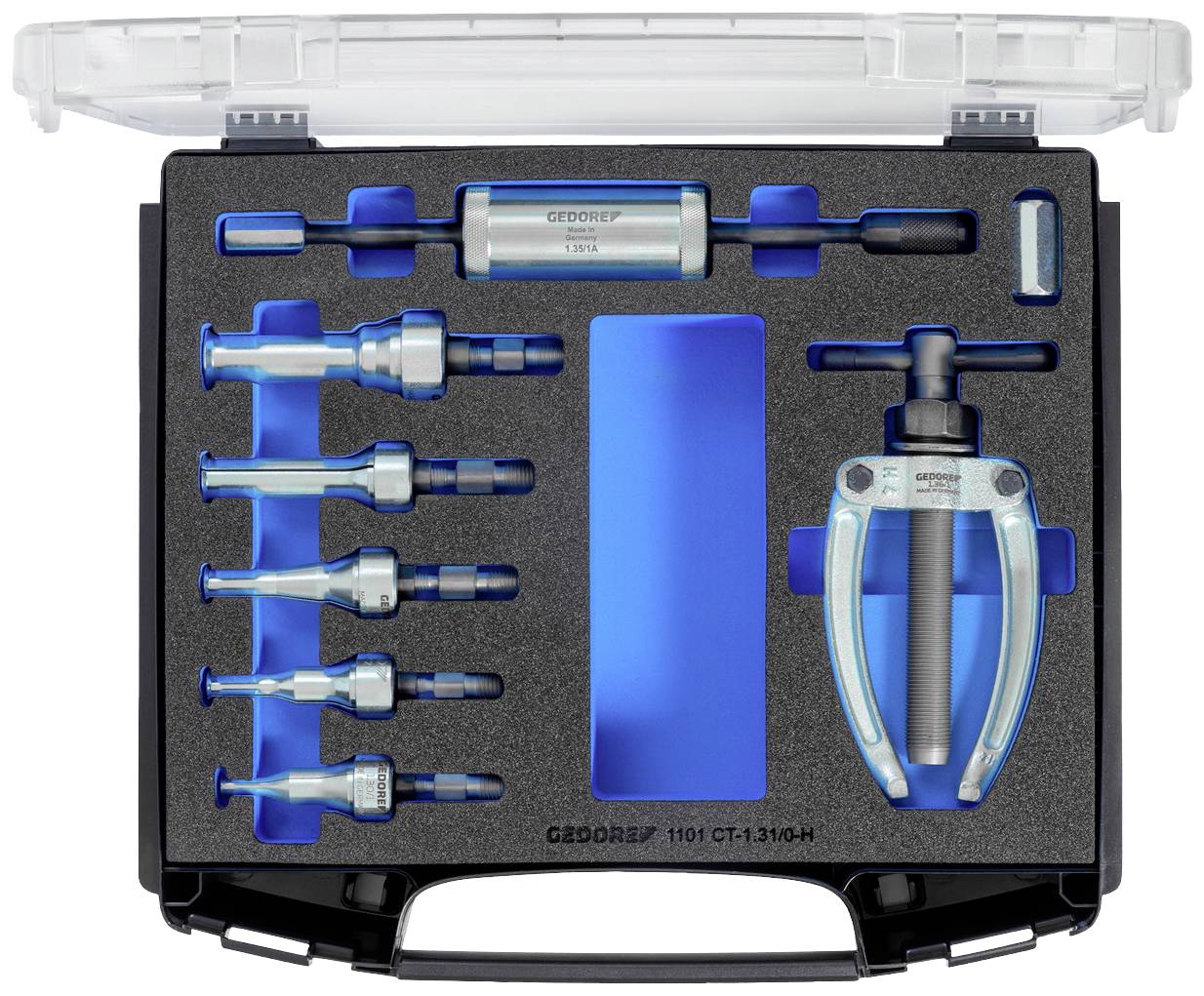 Sada nástrojů v černém kufříku s modrou vnitřní výstelkou. Obsahuje různé nástroje a nástavce, včetně stahovače.