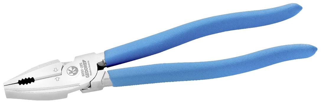 Stříbrné kombinované kleště s modrými rukojeťmi, vhodné pro uchopení a řezání v řemeslných aplikacích.