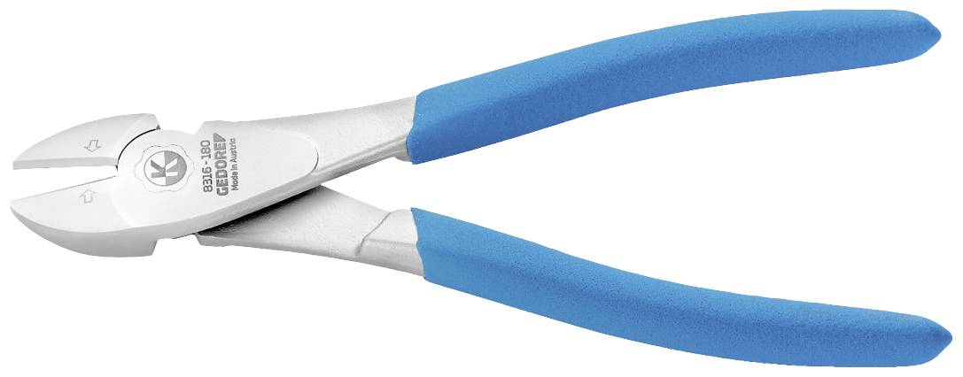 Stříbrné, robustní štípací kleště na kabely s ergonomickými modrými rukojeťmi. Vhodné pro řezání drátů a kabelů.