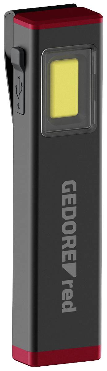 Kompaktní, černočervená kapesní svítilna s obdélníkovým žlutým světelným panelem a USB nabíjecím portem.