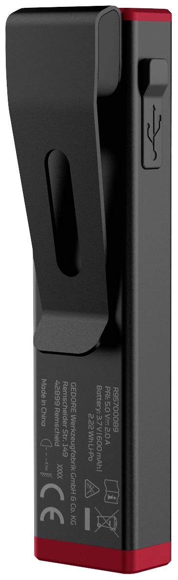 Černý USB flash disk s červeným okrajem, pohled z boku. Obsahuje certifikační symboly a technický text na povrchu.