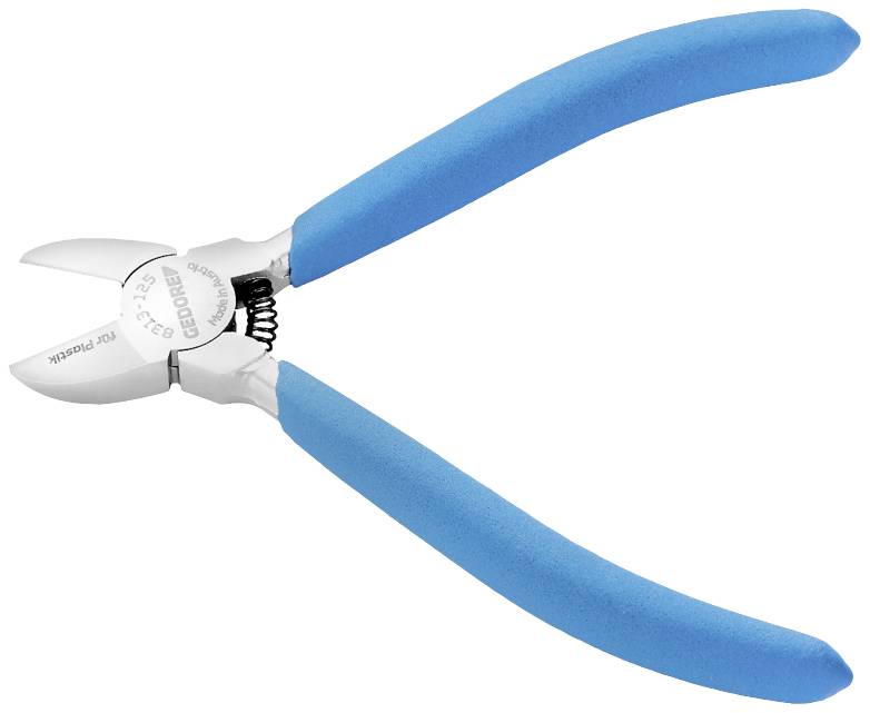 Kleště s modrými rukojeťmi, zobrazené v popředí na bílém pozadí.
