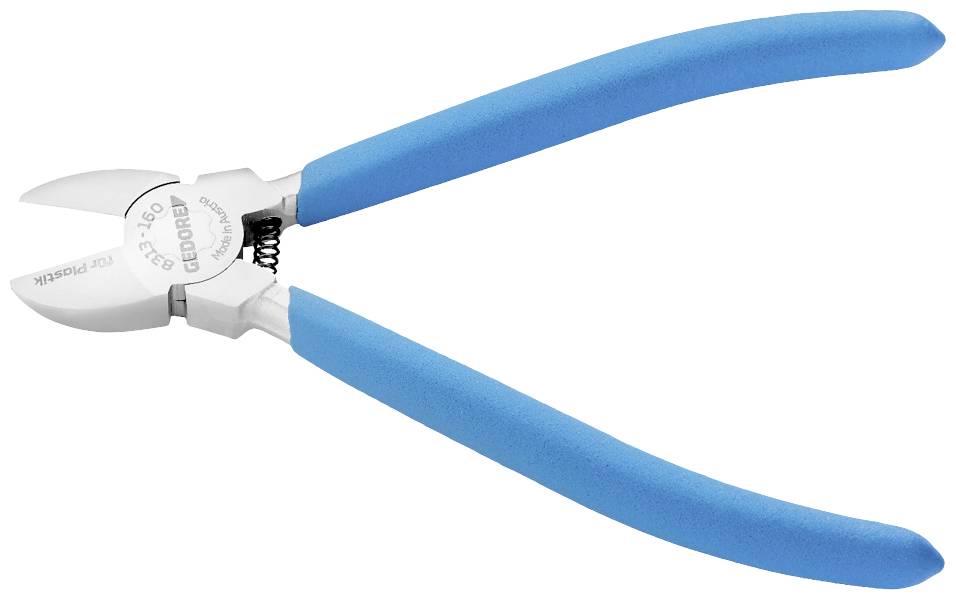 Boční štípací kleště s modrými rukojeťmi na bílém pozadí, vhodné pro řezání drátů a kabelů.