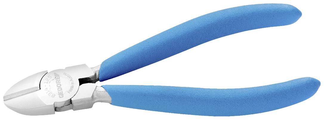 Stříbrné kleště s modrými rukojeťmi, typické pro elektrikářské práce.