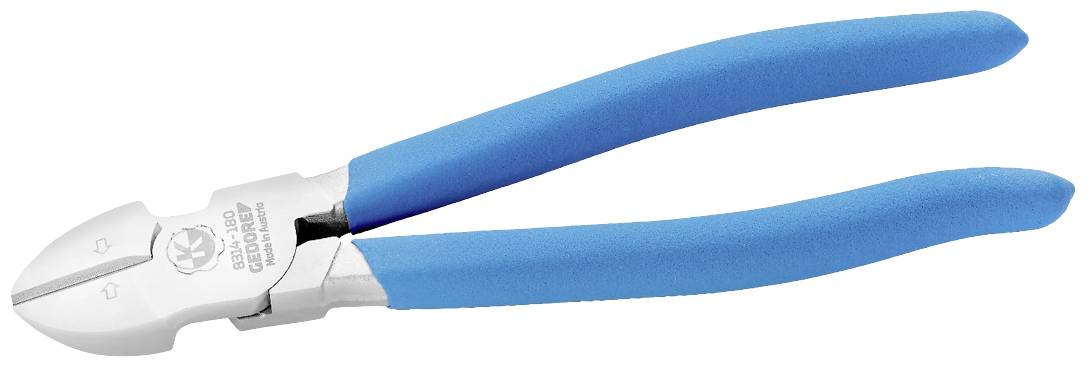 Modré kleště s řezací funkcí z nerezové oceli, umístěné na bílém pozadí. Vhodné pro přesné stříhání kabelů a drátů.