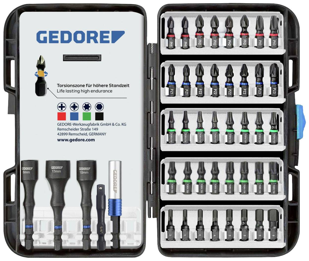 Sada nářadí 'GEDORE' s různými šroubovákovými nástavci a nástrčnými klíči, včetně torzní zóny pro lepší trvanlivost.