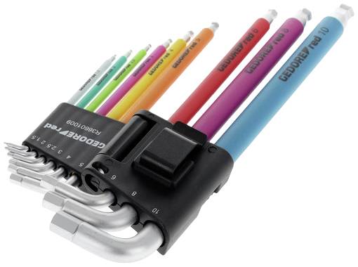 Sada devíti barevných vnitřních šestihranných klíčů v černém držáku, jednotlivě očíslovaných od 1,5 do 10.