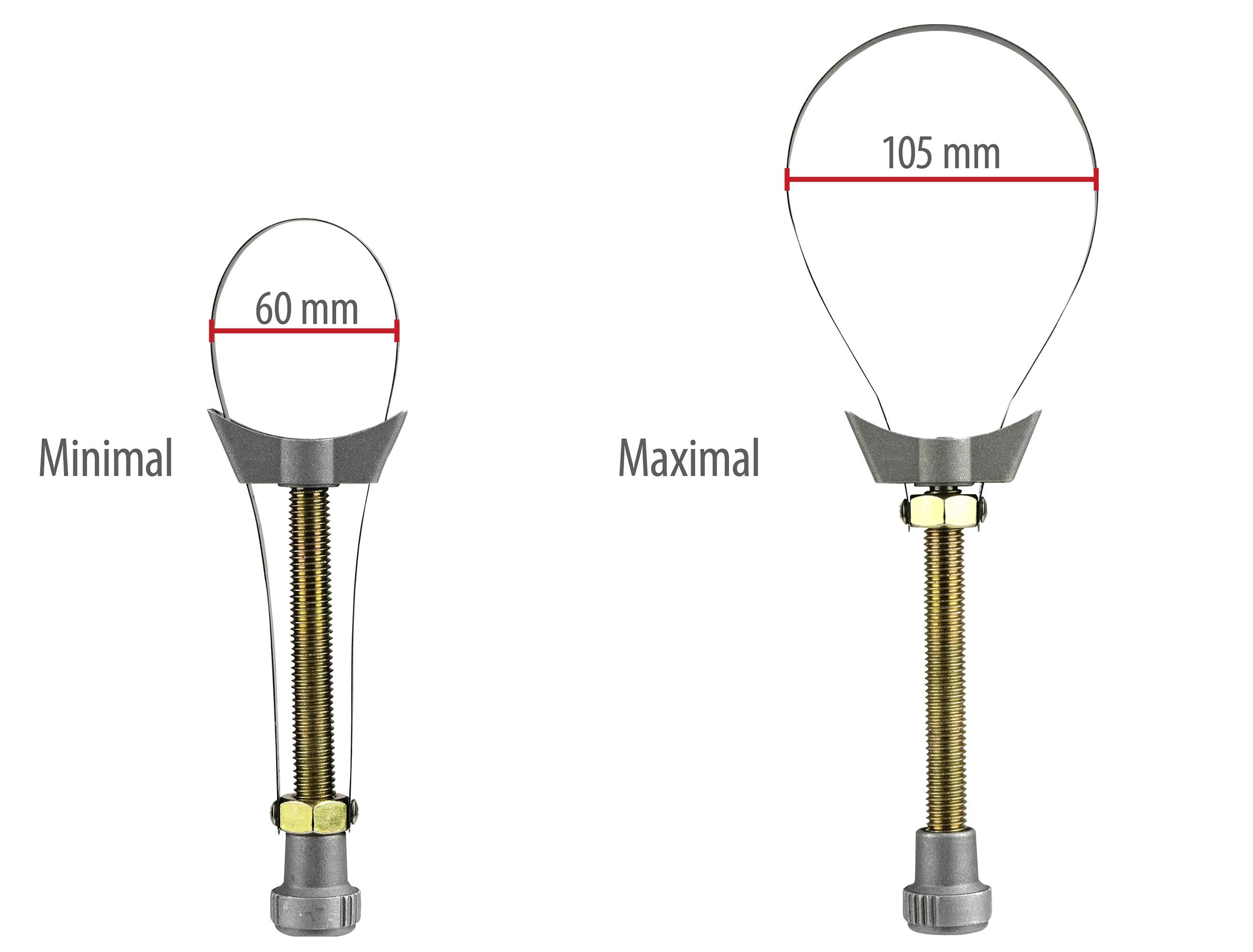 Dva skalní háky s variabilní velikostí: vlevo 'Minimální' s 60 mm, vpravo 'Maximální' s 105 mm. Oba jsou kovové a nastavitelné.