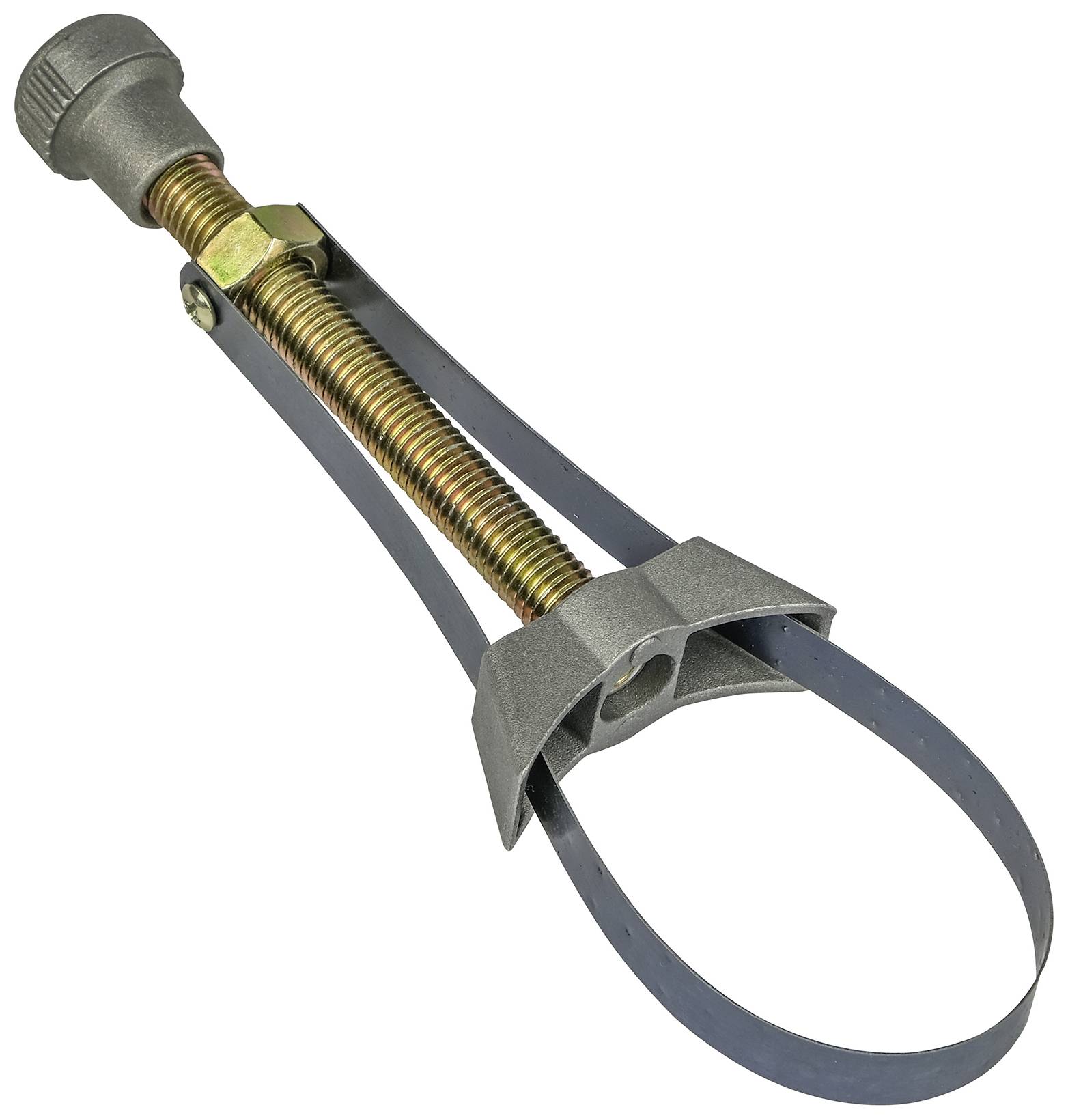 Kovový upínací pás na olejový filtr s nastavitelným šroubovým mechanismem pro demontáž kruhových filtrů v servisním prostředí.