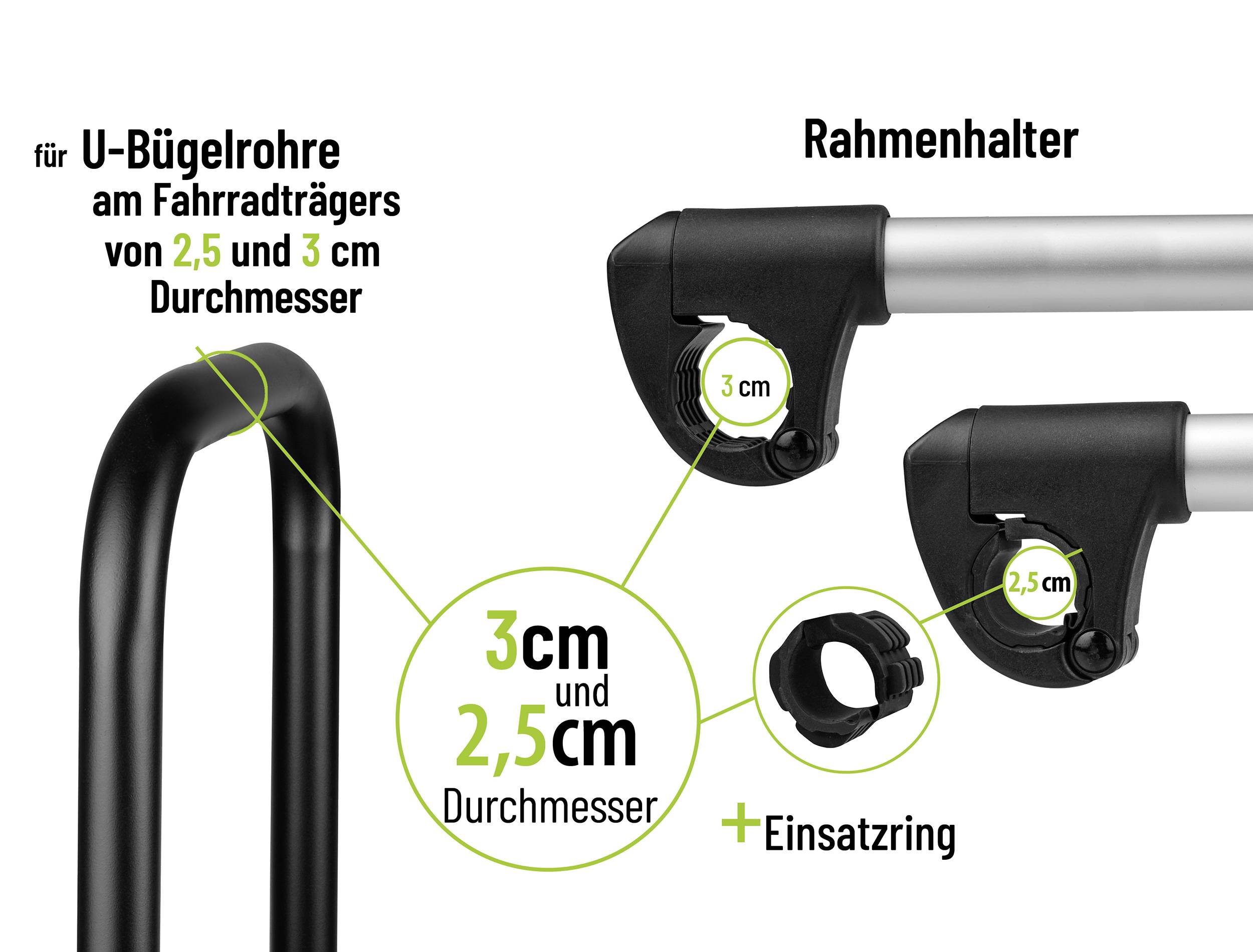Rámeček pro U-trubkové rámy jízdních nosičů s průměrem 2,5 cm a 3 cm. Včetně adaptačního kroužku pro přizpůsobení.