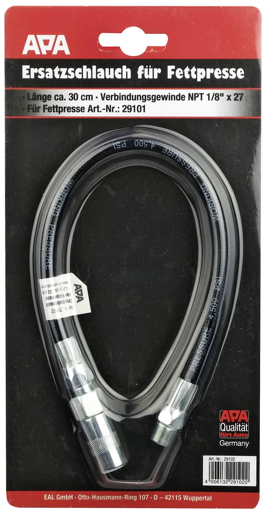 Náhradní hadice pro mazací lis APA, délka cca 30 cm, NPT 1/8" x 27, pro artikl č.: 29101, na černém kartonu s logem APA.
