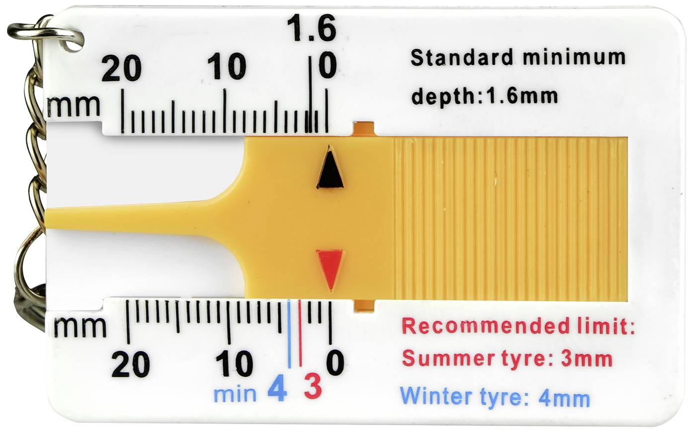 Měřicí nástroj pro kontrolu hloubky dezénu pneumatik. Zobrazuje standardní minimální hloubku 1,6 mm, hranici pro letní pneumatiky 3 mm, pro zimní pneumatiky 4 mm.