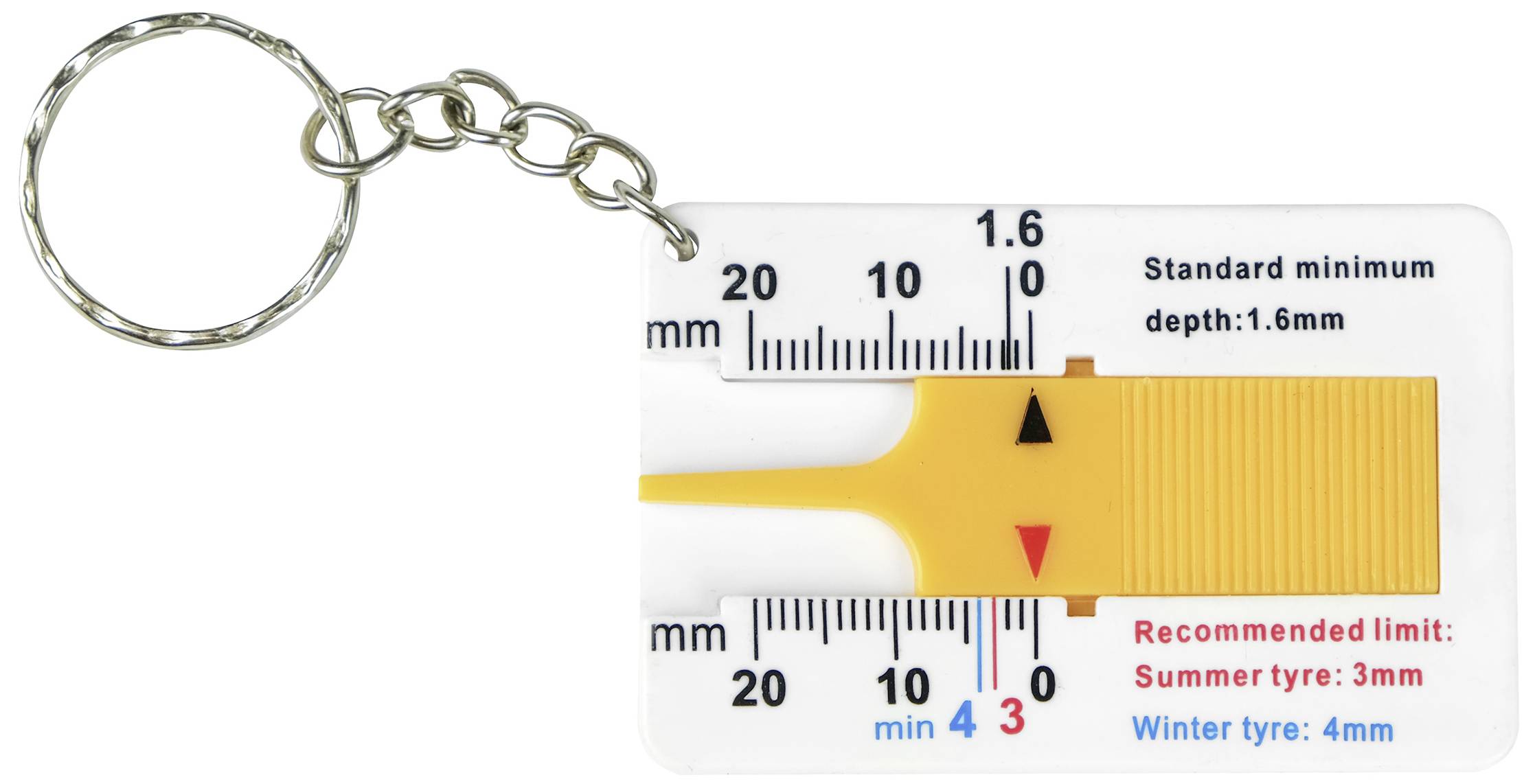 Měřič hloubky dezénu pneumatik se stupnicí, řetízkem a značkami pro letní a zimní pneumatiky. Minimální hloubka 1,6 mm, léto 3 mm, zima 4 mm.