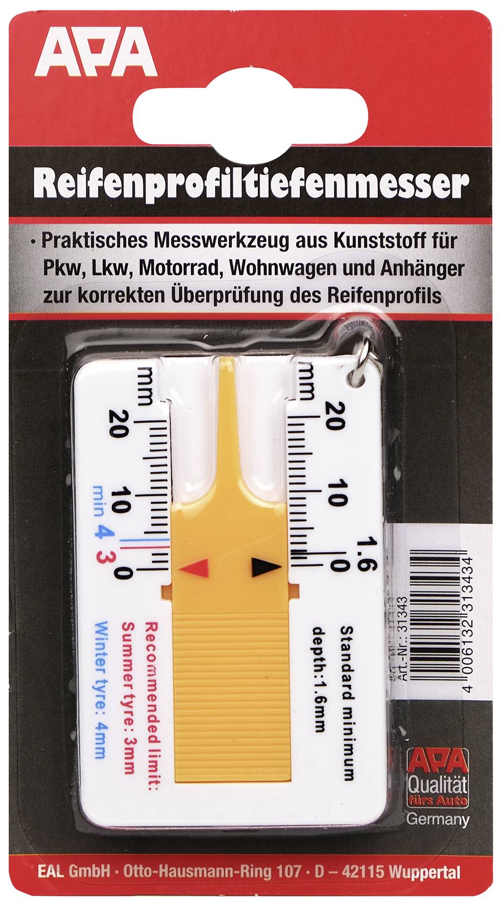 Měřič hloubky dezénu pneumatik pro osobní automobily, nákladní vozy a motocykly. Měří standardní a zimní pneumatiky. Stupnice: 0-20 mm, 0-1,6 mm červeně pro minimální hloubku dezénu.