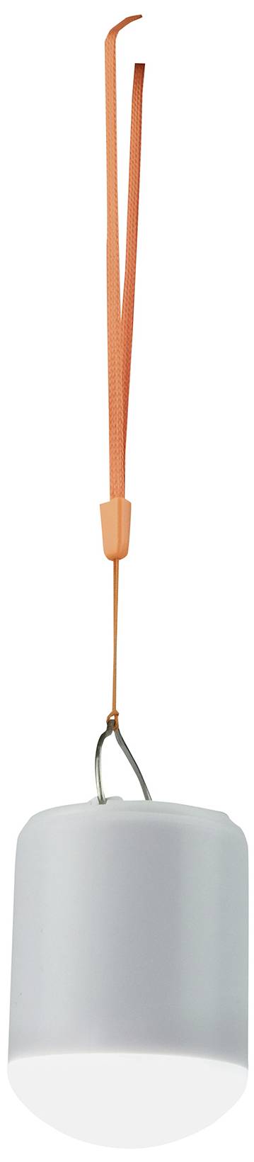 Visací cylindrická bílá lampa s oranžovou zavěšovací páskou. Minimalistický design pro interiérové osvětlení.