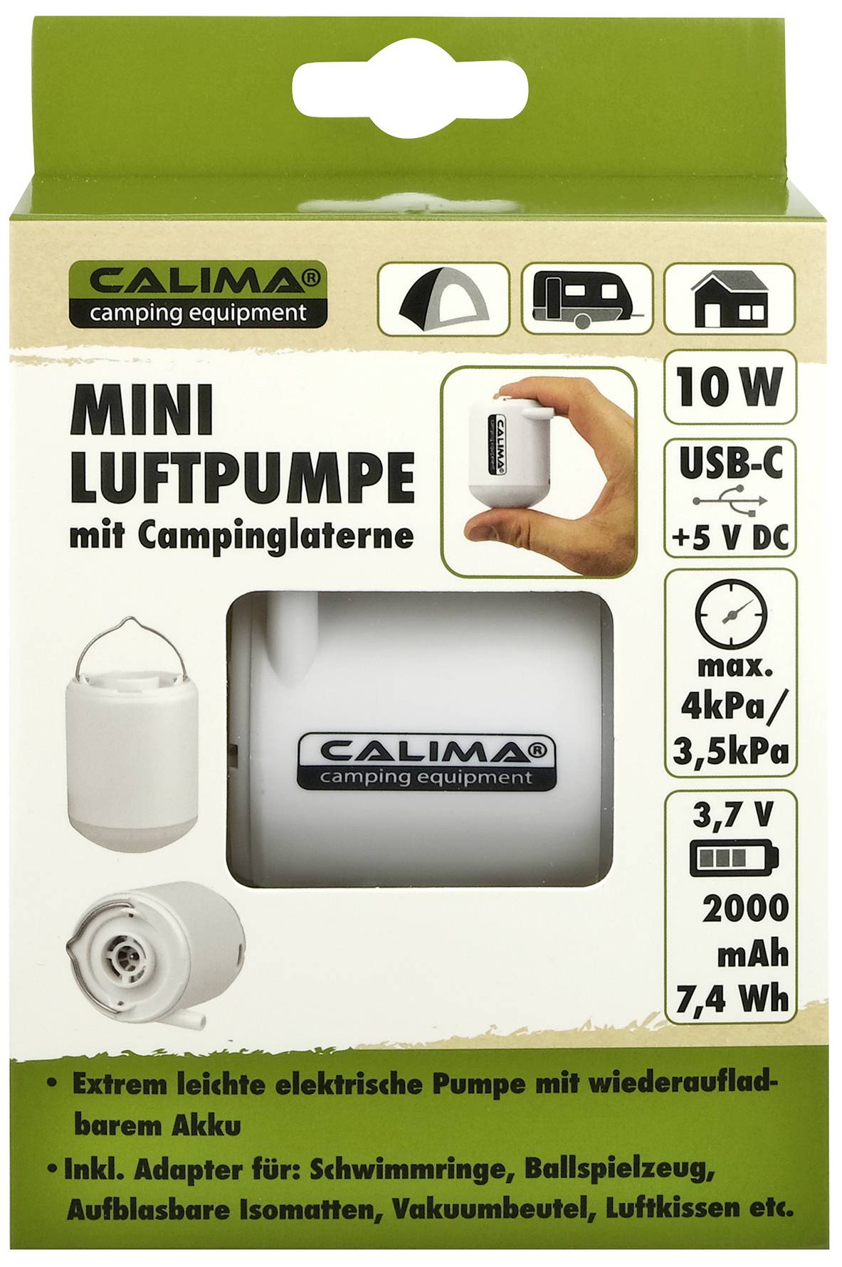 'CALIMA Mini nafukovací pumpa s kempingovou lucernou, USB-C, 10W. Max. 4kPa/3,5kPa. 3,7V, 2000mAh. Lehká, kompaktní, ideální pro kempování.'