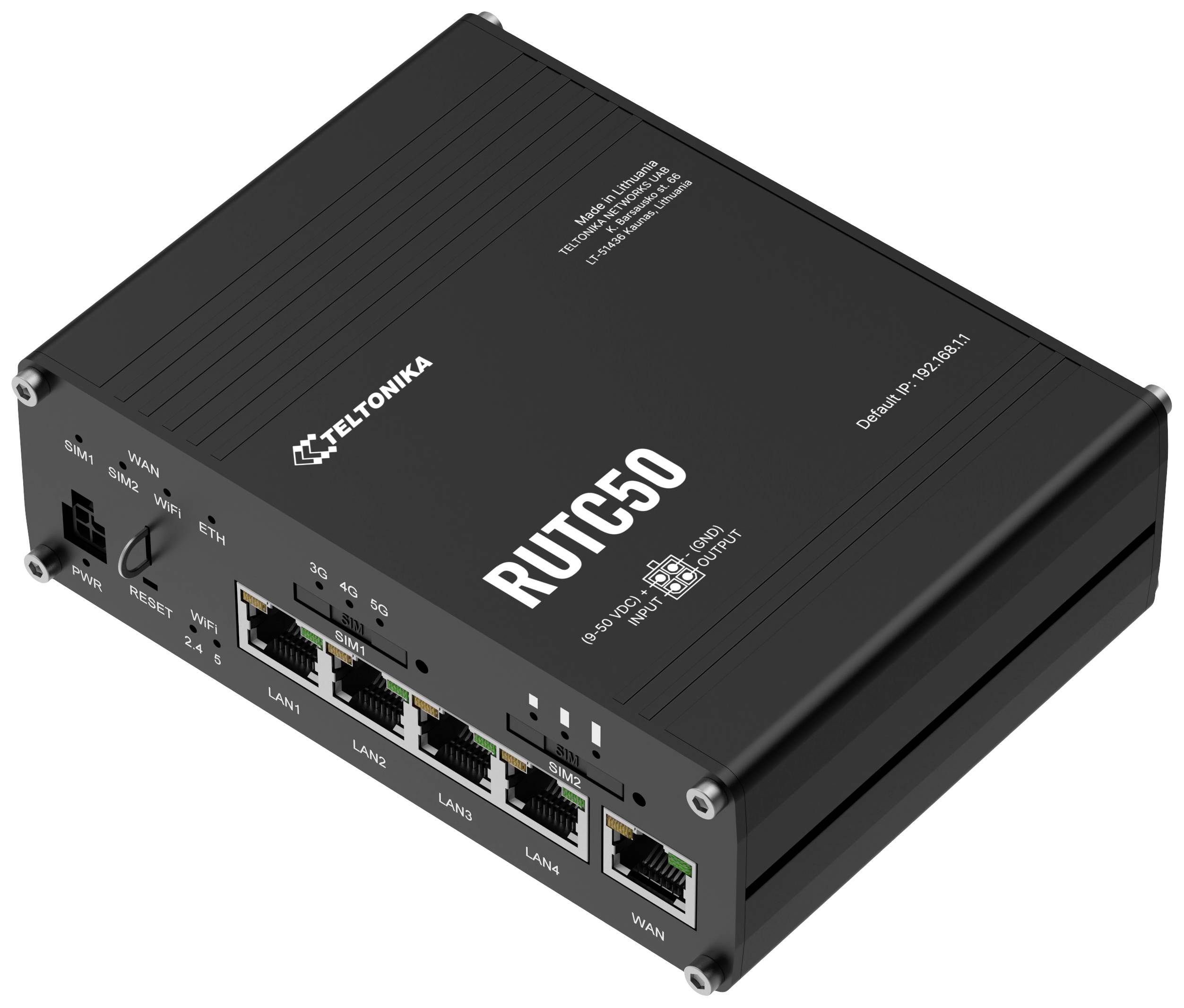 Černý router s označením 'Teltonika RUT950'. Má čtyři LAN porty, jeden WAN port a LED indikátor napájení.