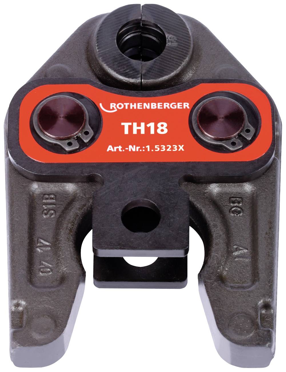 Lisovací kleště značky ROTHENBERGER, model TH18, obj. č.: 1.5323X, z kovu, pohled zepředu.