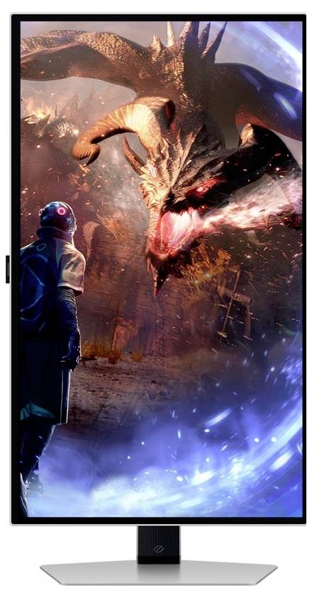 Bojovník stojí tváří v tvář obrovskému, hrozivému drakovi, obklopený magickým světlem. Scéna z fantasy hry.